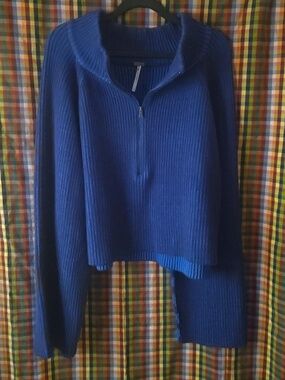Free People First Place Ribbed Cotton Blend Sweater Cobalt Blue Sz XL NWOT